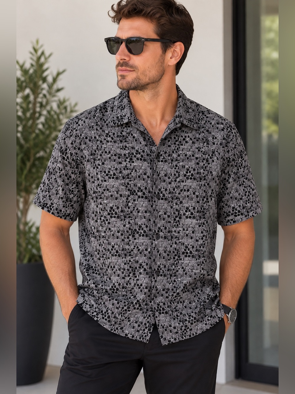 DKNY Men’s Black Gray Abstract Print Short Sleeve Button Up Shirt M NWT